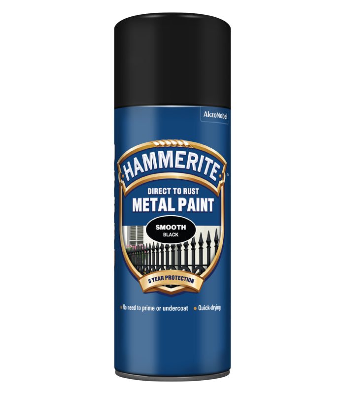 Hammerite Spray Paint for Metal | Direct to Rust Exterior Metal Paint | Smooth Finish BLACK 400ml