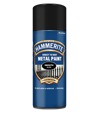 Hammerite Spray Paint for Metal | Direct to Rust Exterior Metal Paint | Smooth Finish BLACK 400ml