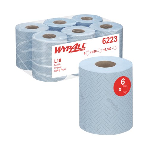 Wypall L10 Food and Hygiene Paper Roll 1-Ply x430 Blue Pack of 6 6223