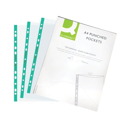 Q-Connect Delux Punched Pocket Top Opening Green Strip A4 Clear (Pack of 100) KF01121