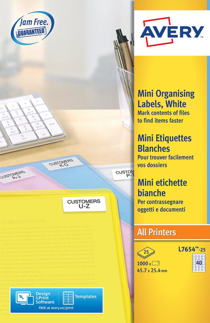 Avery Laser Mini Label 45.7x25.4mm 40 Per A4 Sheet White (Pack 1000 Labels) L7654-25