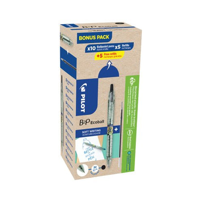 Pilot B2P Ecoball GreenPack Ballpoint Pen/Refill 10 Pens+10 Refills Blk (Pack of 20) 3131910586562