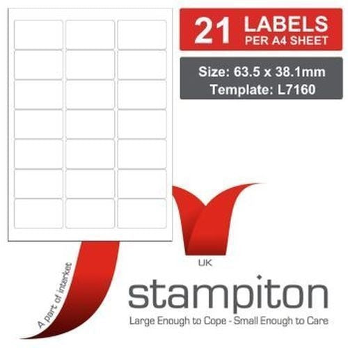 Stampiton (63.5 x 38.1mm) Multi Purpose Laser Labels (21 Labels per Sheet) Pack of 100