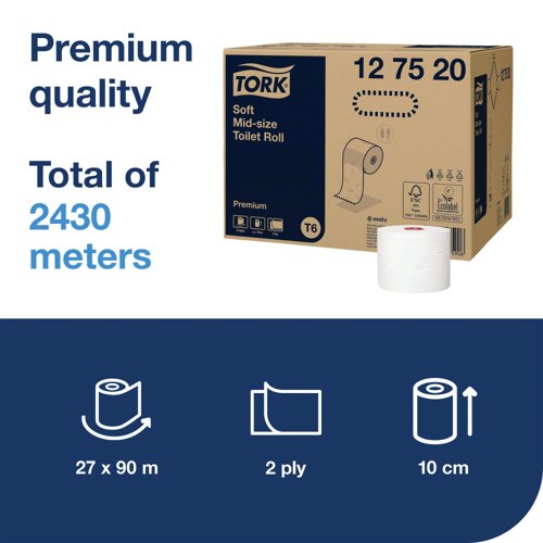 Tork T6 Soft Mid-Size Toilet Roll 2-Ply 90m (Pack of 27) 127520