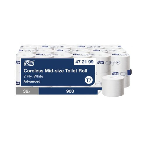 Tork T7 Coreless Mid-Size Toilet Roll Advanced 2-Ply White 900 Sheets (Pack of 36) 472199