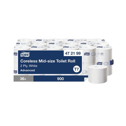 Tork T7 Coreless Mid-Size Toilet Roll Advanced 2-Ply White 900 Sheets (Pack of 36) 472199