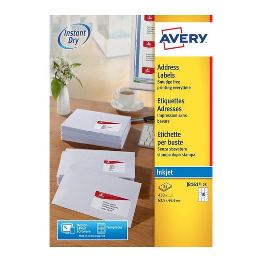 Avery Inkj Label 63.5x46.6mm 18 Per Sheet Wht (Pack of 450) J8161-25