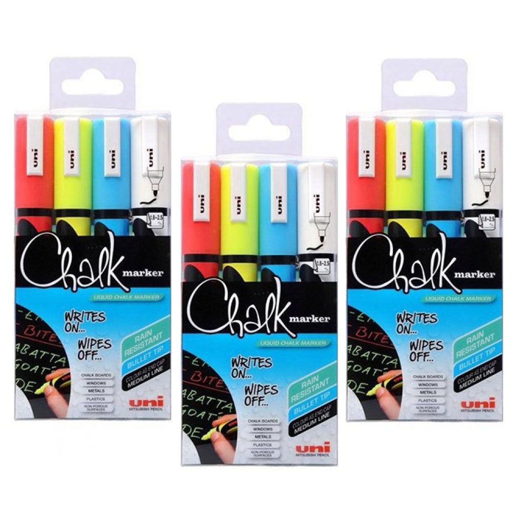 Uni Chalk Markers Medium Assorted Pack 4  1.8 - 2.5mm line width