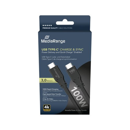 Mediarange USB Type-C Charge and Sync Cable with E-Mark Chip USB 3.2 Gen 1X2 3m Black MRCS218