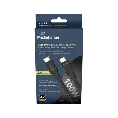 Mediarange USB Type-C Charge and Sync Cable with E-Mark Chip USB 3.2 Gen 1X2 3m Black MRCS218