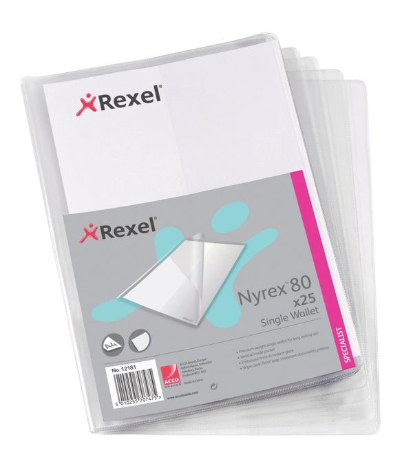 Rexel Nyrex Single Wallet with Pocket PVC A4 180 Micron Clear (Pack 25) 12181 - ONE CLICK SUPPLIES