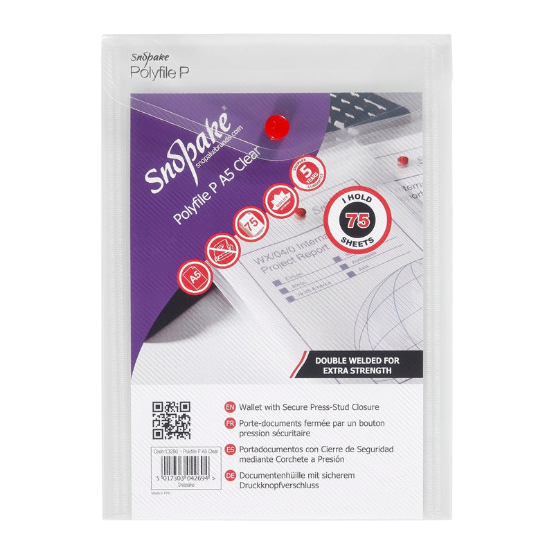 Snopake Polyfile Portrait Wallet File Polypropylene A5 Clear (Pack 5) - 13280 - ONE CLICK SUPPLIES