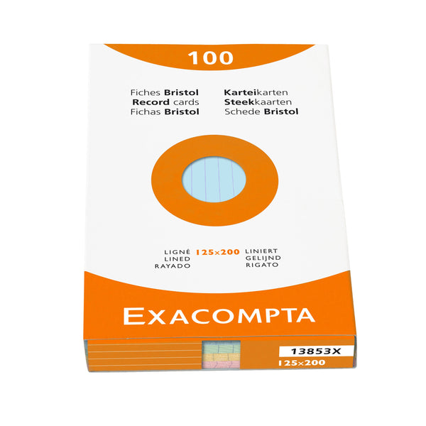 Exacompta Record Cards Ruled 200x125mm Assorted Colours (Pack 100) 13853X - ONE CLICK SUPPLIES
