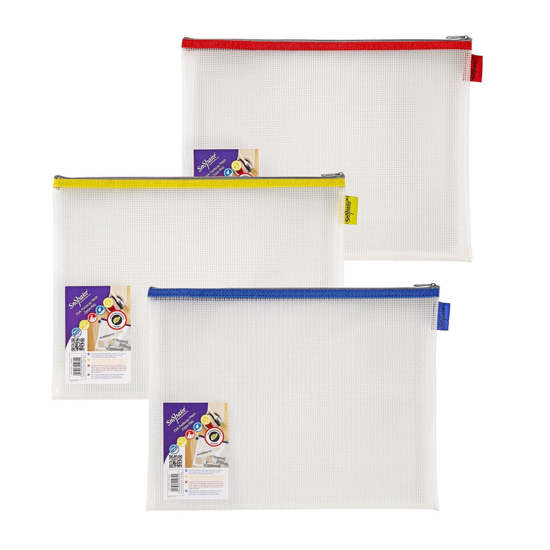 Snopake Mesh Zippa Bag EVA Foolscap 300 Micron Assorted Colours (Pack 3) - 15819 - ONE CLICK SUPPLIES