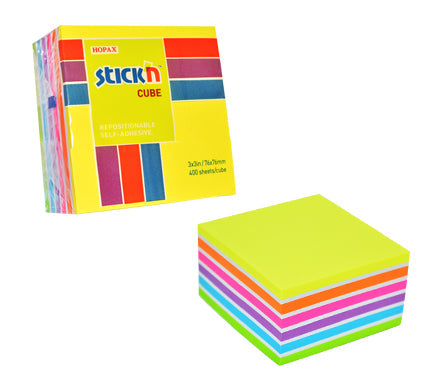 Stickn Sticky Notes Cube 76x76mm 400 Sheets Neon Colours 21539 - ONE CLICK SUPPLIES