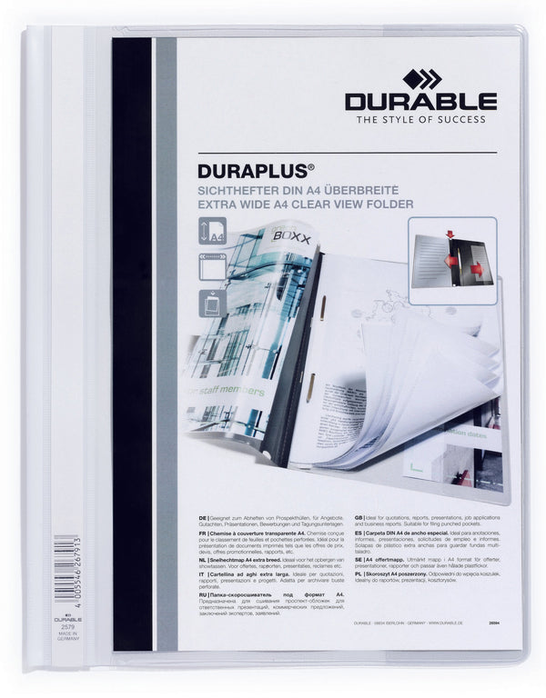 Durable Duraplus Report Folder Extra Wide A4 White (Pack 25) 257902 - ONE CLICK SUPPLIES