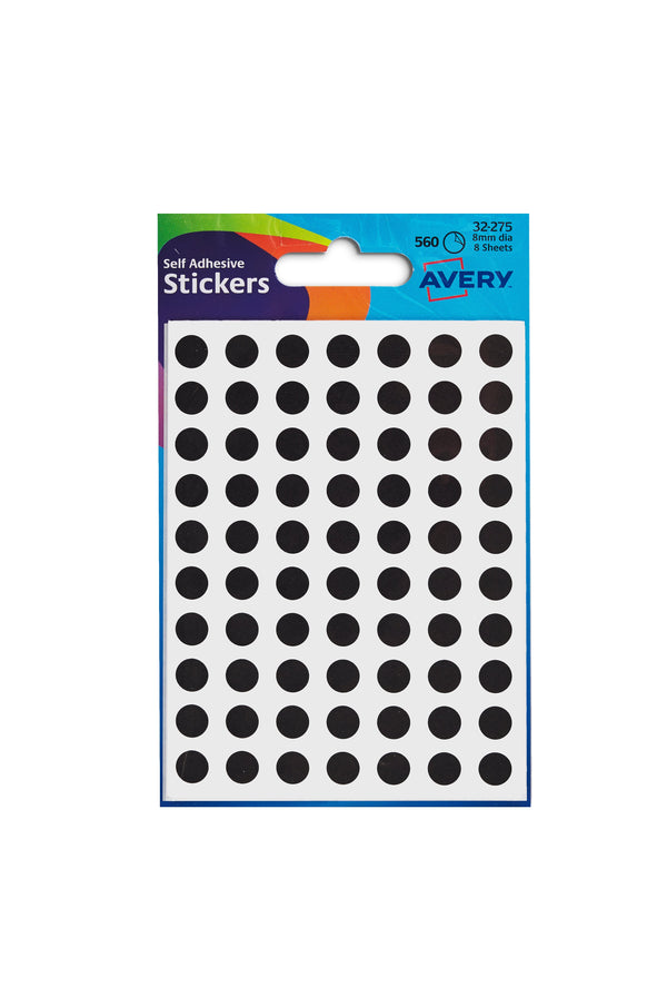Avery Coloured Label Round 8mm Diameter Black (Pack 10 x 560 Labels) 32-275 - ONE CLICK SUPPLIES