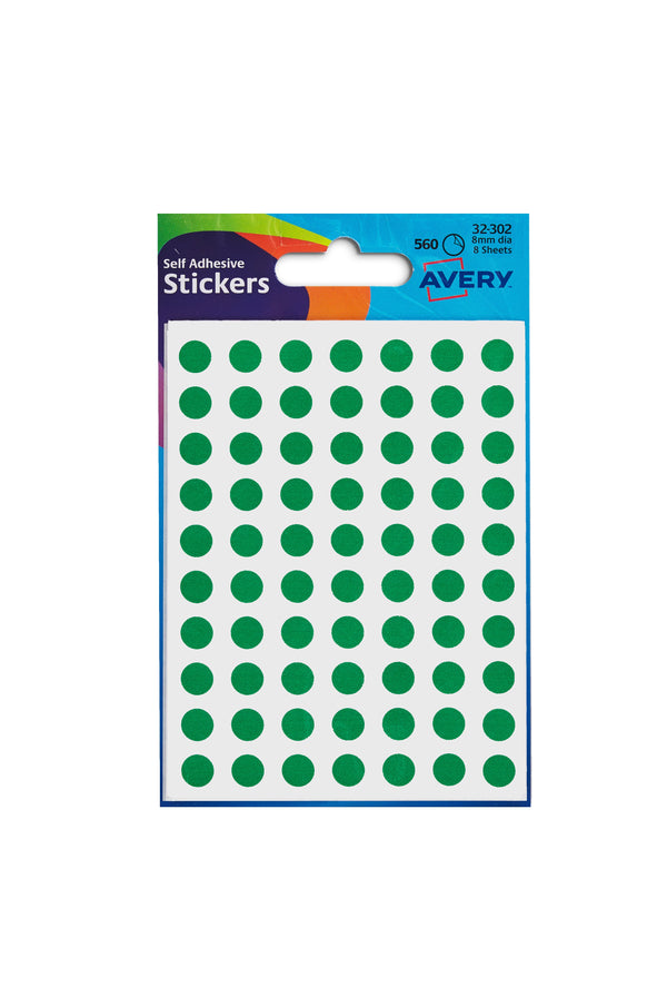 Avery Coloured Label Round 8mm Diameter Green (Pack 10 x 560 Labels) 32-302 - ONE CLICK SUPPLIES