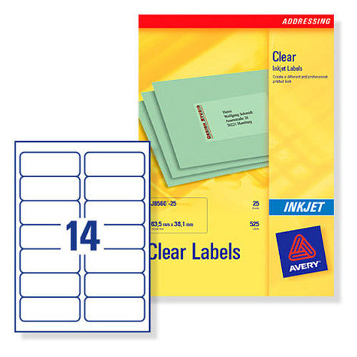 Avery Clear Addressing Labels 14 per Sheet 99.1x38.1mm Ref J8563-25 [350 Labels] - ONE CLICK SUPPLIES
