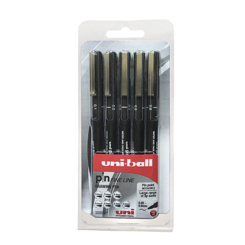 Uniball Pin Ultra Fine Drawing Pens Assorted Tip Black Pack 5's - ONE CLICK SUPPLIES