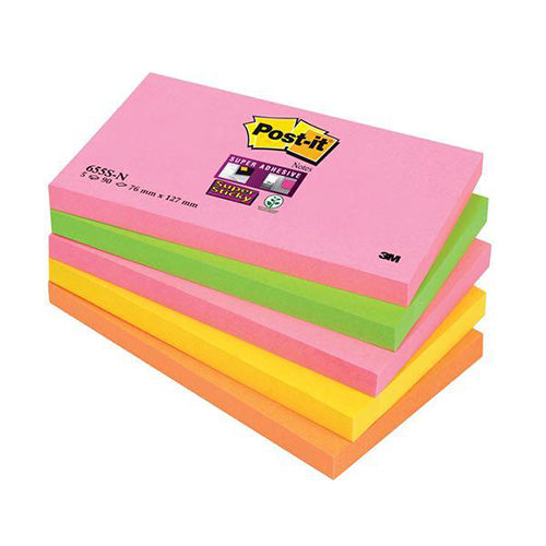 3M Post-it Super Sticky Notes 76x127mm Neon Rainbow Code 655-SN - ONE CLICK SUPPLIES