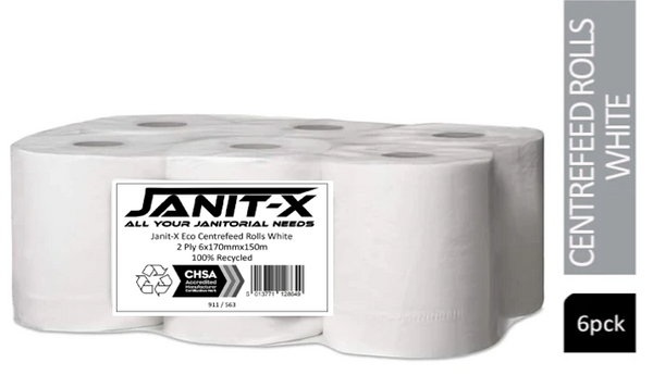 Janit-X Eco 100% Recycled Centrefeed Rolls White 6 x 150m CHSA Accredited - ONE CLICK SUPPLIES