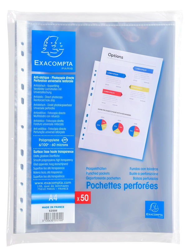 Exacompta Multi Punched Pocket Polypropylene A4 60 Micron Top Opening Clear (Pack 50) - 5250E - ONE CLICK SUPPLIES