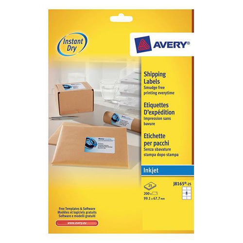 Avery Quick DRY Addressing Labels Inkjet 8 per Sheet 99.1x67.7mm White Ref J8165-25 [200 Labels] - ONE CLICK SUPPLIES