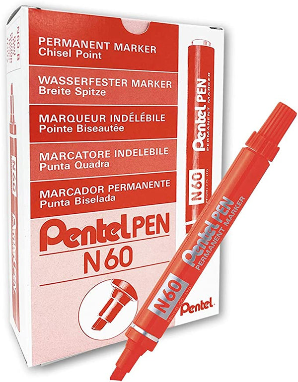 Pentel N60 Permanent Marker Chisel Tip Red (Pack of 12) N60 - ONE CLICK SUPPLIES