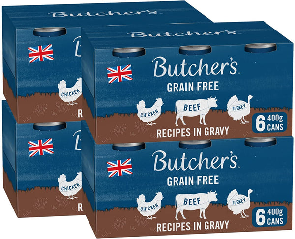 BUTCHER'S Grain Free Recipes in Gravy Wet Dog Food Tin Cans Variety pack, 9.6kg (6 x 400g) - ONE CLICK SUPPLIES