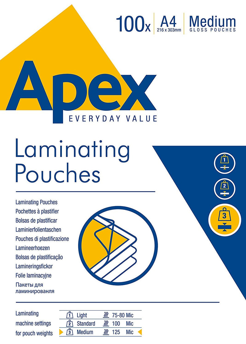 Fellowes Apex A4 Laminating Pouches 2x100 Micron Pack 100's - ONE CLICK SUPPLIES