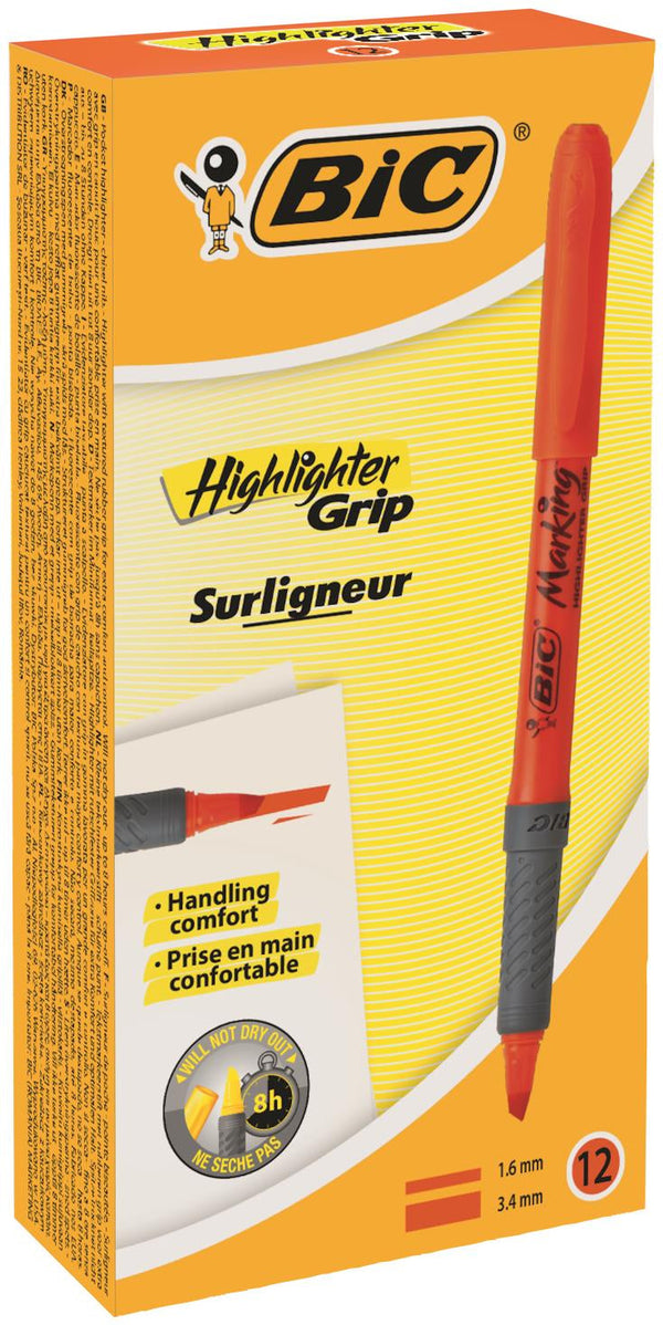 Bic Grip Highlighter Pen Chisel Tip 1.6-3.3mm Line Orange (Pack 12) - 811933 - ONE CLICK SUPPLIES