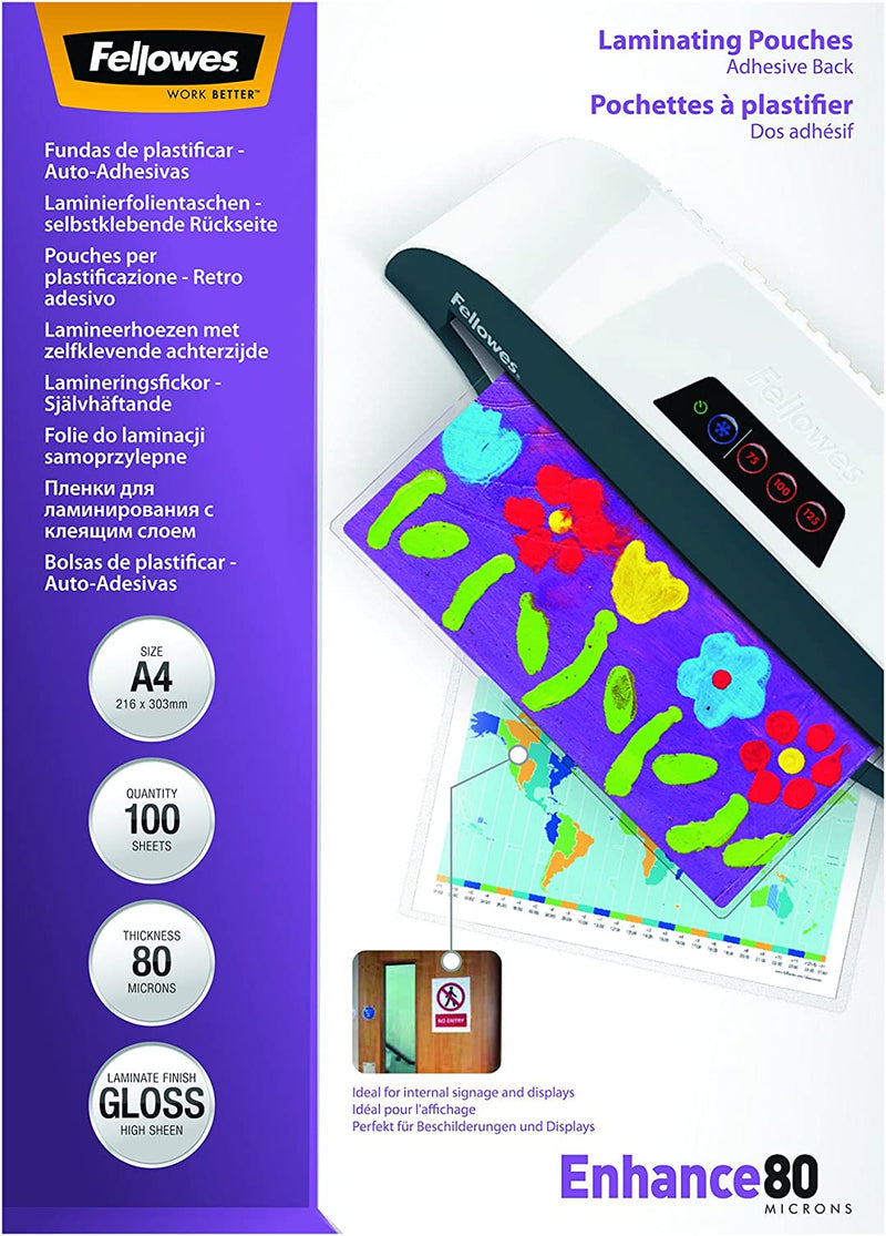Fellowes A4 Self Adhesive Enhance Laminating Pouches(Pack of 100)53022 - ONE CLICK SUPPLIES