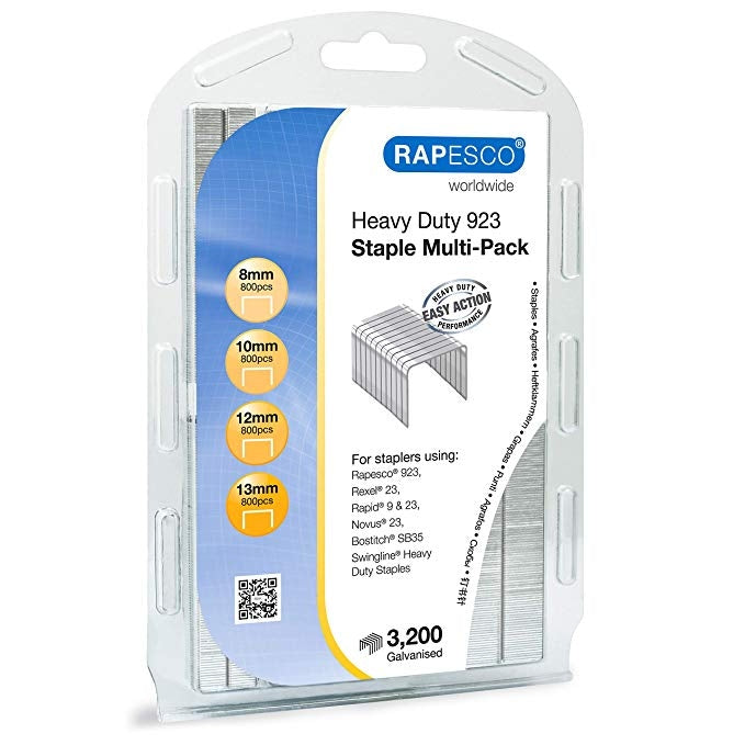 Rapesco 923 Galvanised Staples Multi-Pack of 8mm 10mm 12mm and 13mm (Pack 3200) - ONE CLICK SUPPLIES