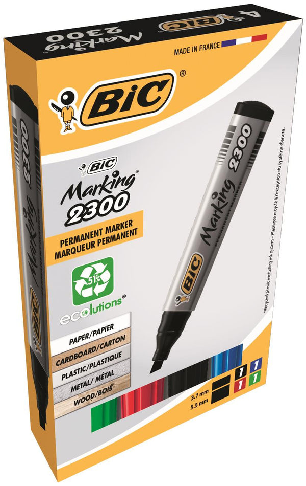 Bic Marking 2300 Permanent Marker Chisel Tip 3.7-5.5mm Line Assorted Colours (Pack 4) - 8209222 - ONE CLICK SUPPLIES