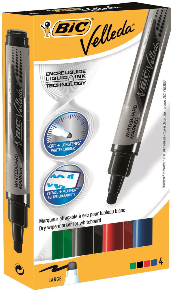Bic Velleda Pocket Liquid Ink Whiteboard Marker Bullet Tip 2.3mm Line Assorted Colours (Pack 4) - 902099 - ONE CLICK SUPPLIES