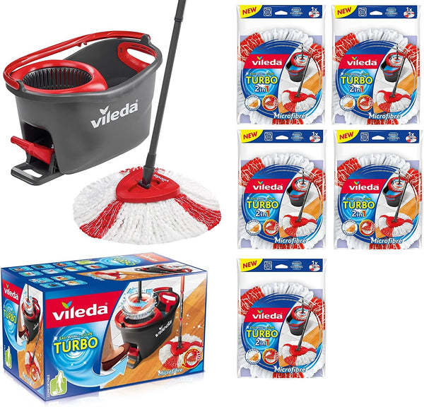 VILEDA Turbo EasyWring & Clean Complete Set Mop with Bucket and Power Spinner Plus 5x Replacement Head Turbo - ONE CLICK SUPPLIES