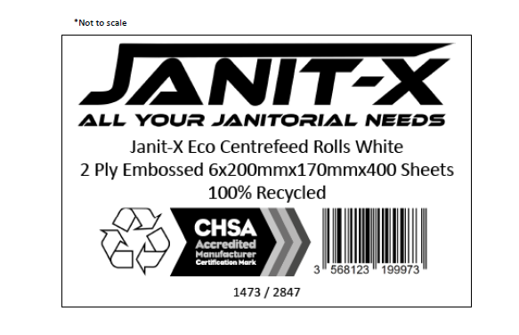 Janit-X Eco 100% Recycled Centrefeed Rolls White 6 x 400s CHSA Accredited - ONE CLICK SUPPLIES
