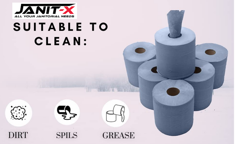 Janit-X Eco 100% Recycled Centrefeed Rolls Blue 6 x 400s CHSA Accredited - ONE CLICK SUPPLIES