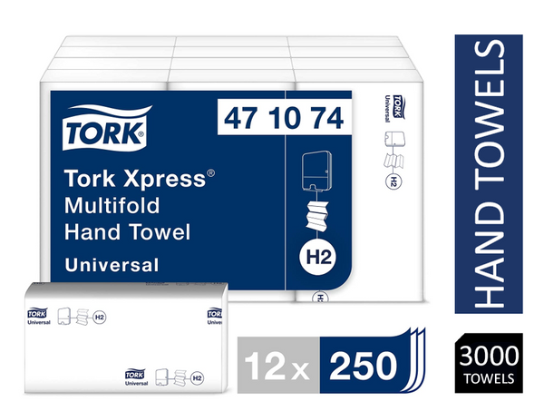 Tork 471074 Xpress Multifold Hand Towel H2 White 250 Sheets (Pack of 12)