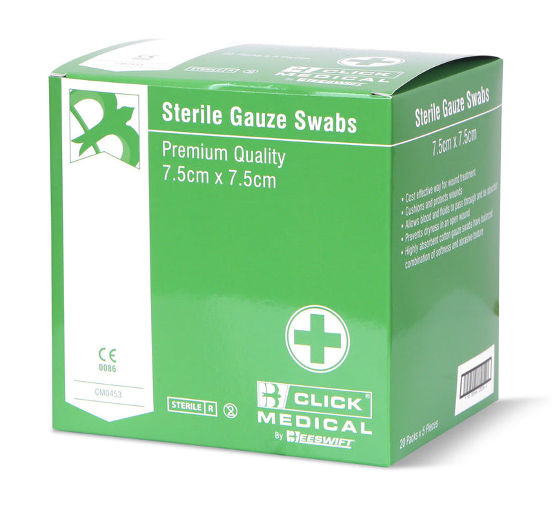 Click Medical Non - Sterile Absorbent Gauze Swabs 7.5cm x 7.5cm - 100 swabs, White