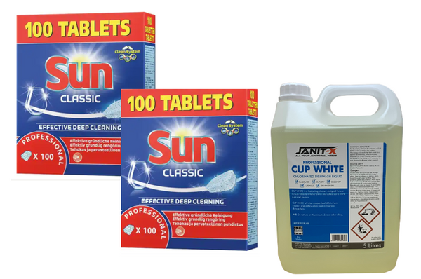 Sun Professional Dishwasher Tablets (2 x Pack of 100) & 5L Janit-X Cups White FREE ! - ONE CLICK SUPPLIES
