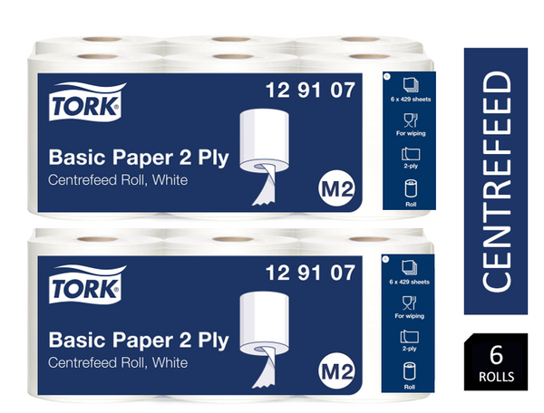 Tork 129107 Centrefeed Rolls White x 6's Basic Paper 2ply 429sheet/150m