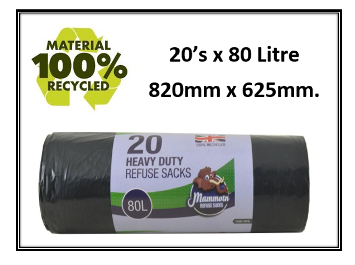 Mammoth Heavy Duty Refuse/Bin Sacks 100% Recycled 820mm x 625mm 20's - ONE CLICK SUPPLIES