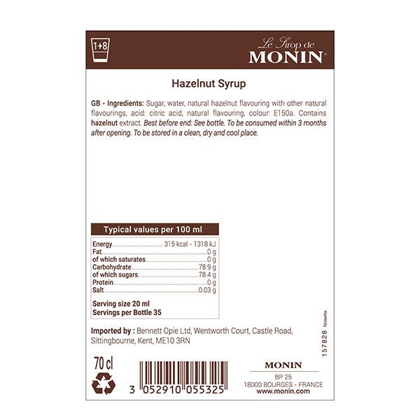 MONIN Hazelnut Cocktail Syrup 700ml (Glass Bottle) Discounted Pump Offer