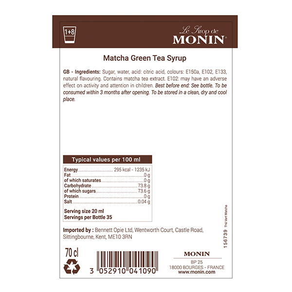 MONIN Matcha Green Tea Coffee & Cocktail Syrup 700ml (Glass Bottle)