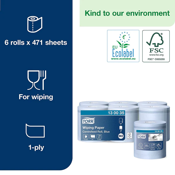 Tork 130035 M2 Wiping Paper Centrefeed Roll Blue 6's - ONE CLICK SUPPLIES