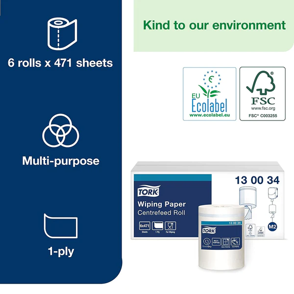 Tork 130034 M2 Wiping Paper Centrefeed Roll White 6's - ONE CLICK SUPPLIES
