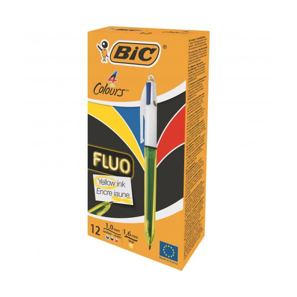 Bic 4 Colours Fluo Ballpoint Pen and Highlighter 1mm Tip Yellow/White Barrel (Pack 12)