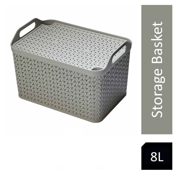 Strata Weave Baskets with Lids 8 Litre Home Multipurpose Storage Organiser - COOL GREY - ONE CLICK SUPPLIES